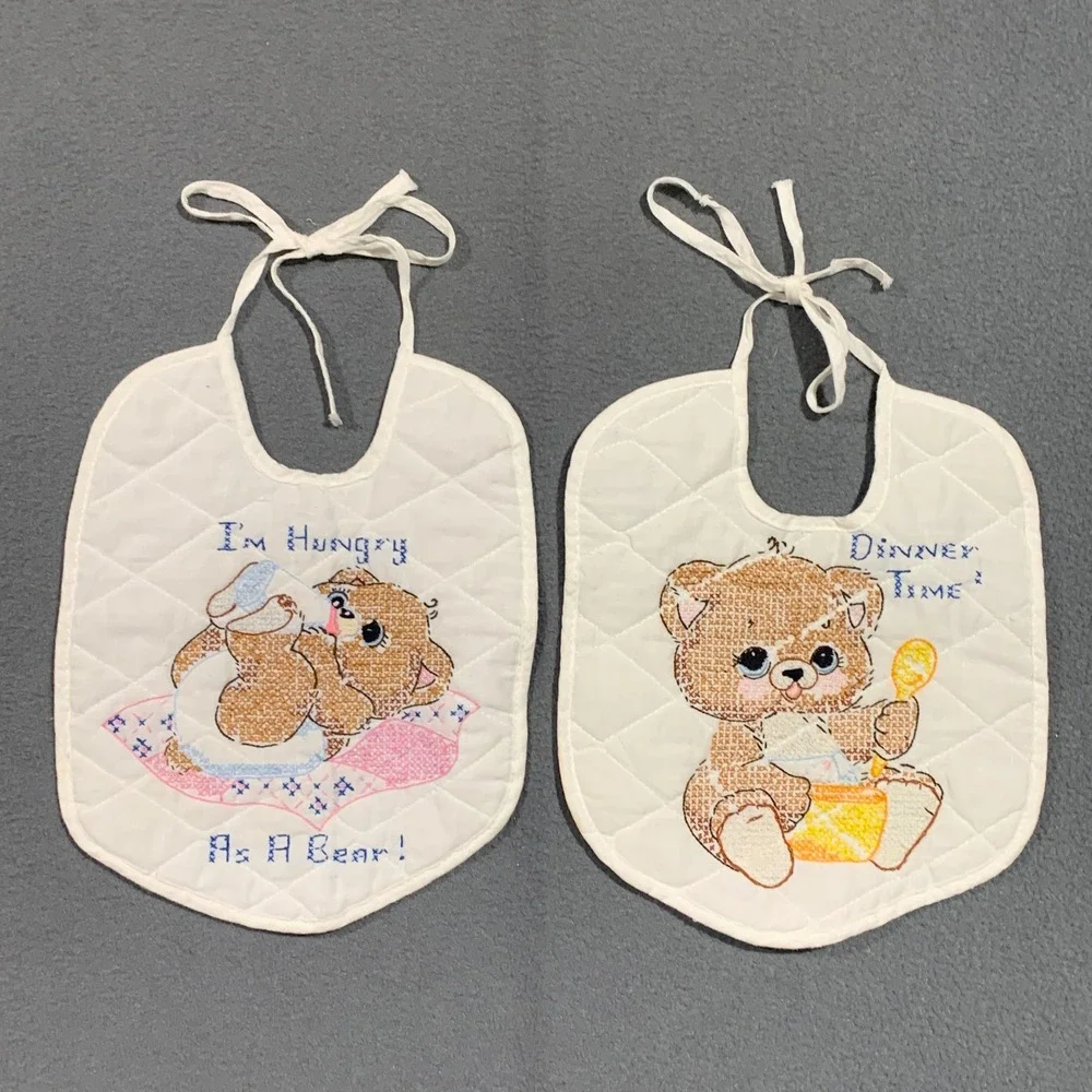 Vintage Hand Embroidered Baby Bibs Set of 2 Quilted Teddy Bear‎ Cross Stitch
